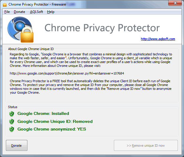 Screenshot of Chrome Privacy Proector: after deleting Google Chrome unique ID