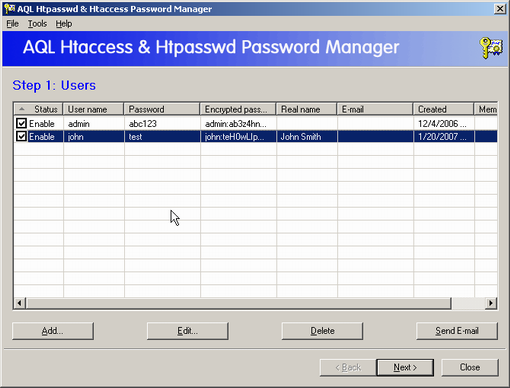 Screenshot: Launch AQL .htpasswd & .htaccess Password Manage