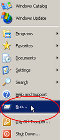 Screenshot: Click on Windows Start button, and then press Run... button