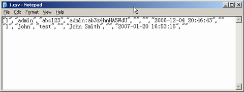 Screenshot: The Notepad open the file c:\1.csv. The data saved successfully