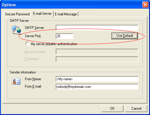 Screenshot: Specify the SMTP server port number on AQL .htpasswd & .htaccess Password Manager