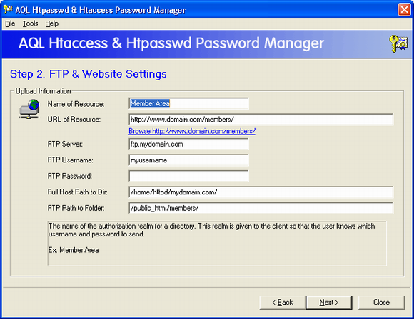 The screenshot of the FTP &amp; Website Settings Window