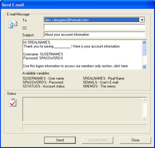The screenshot of the Send E-mail Window