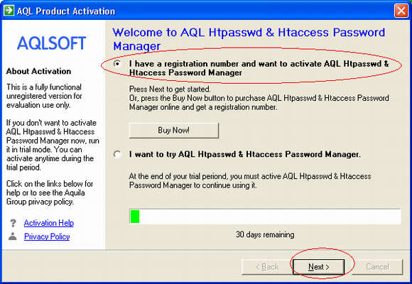 Screenshot: Choose 'I have a registration number and want to activate AQL .htpasswd and .htaccess Password Manager'