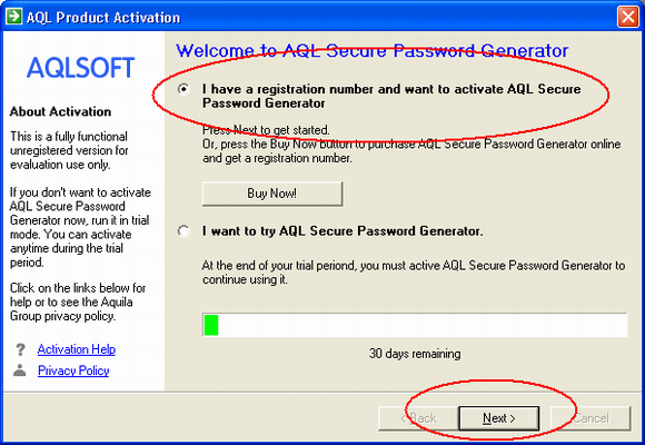 Choose on the option [I have a registration number and want to activate AQL Secure Password Generator]